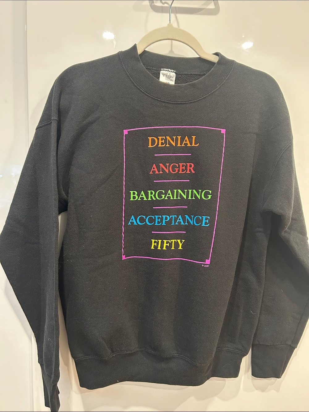 Black Graphic Crewneck Sweatshirt - 'Denial Anger Bargaining Acceptance Fifty'